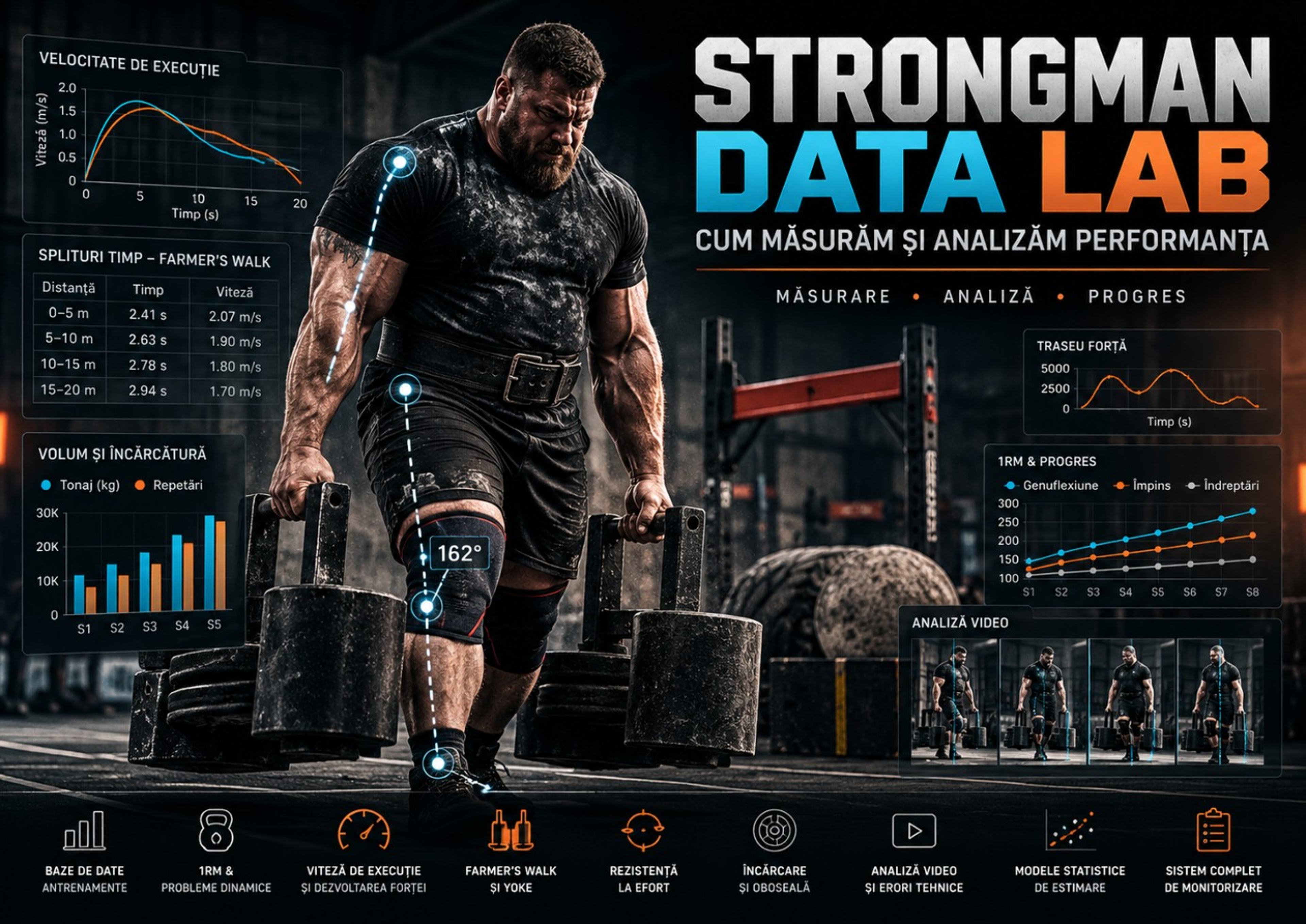 Copertă STRONGMAN DATA LAB: atlet la Farmer's Walk, grafice de viteză, timpi, analiză video și monitorizarea progresului