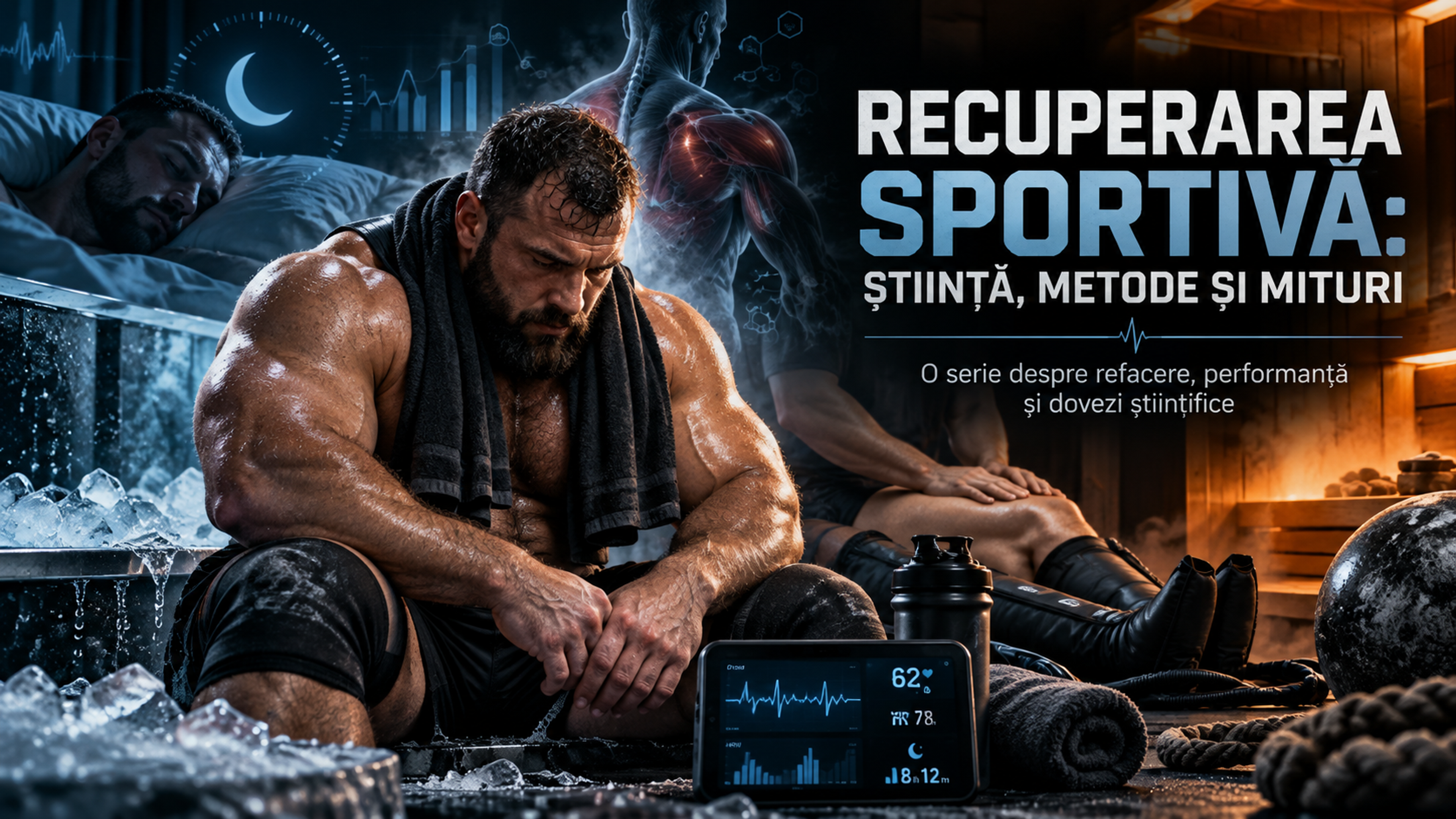 Illustration of a strongman athlete and the physiological processes of recovery after maximal exertion