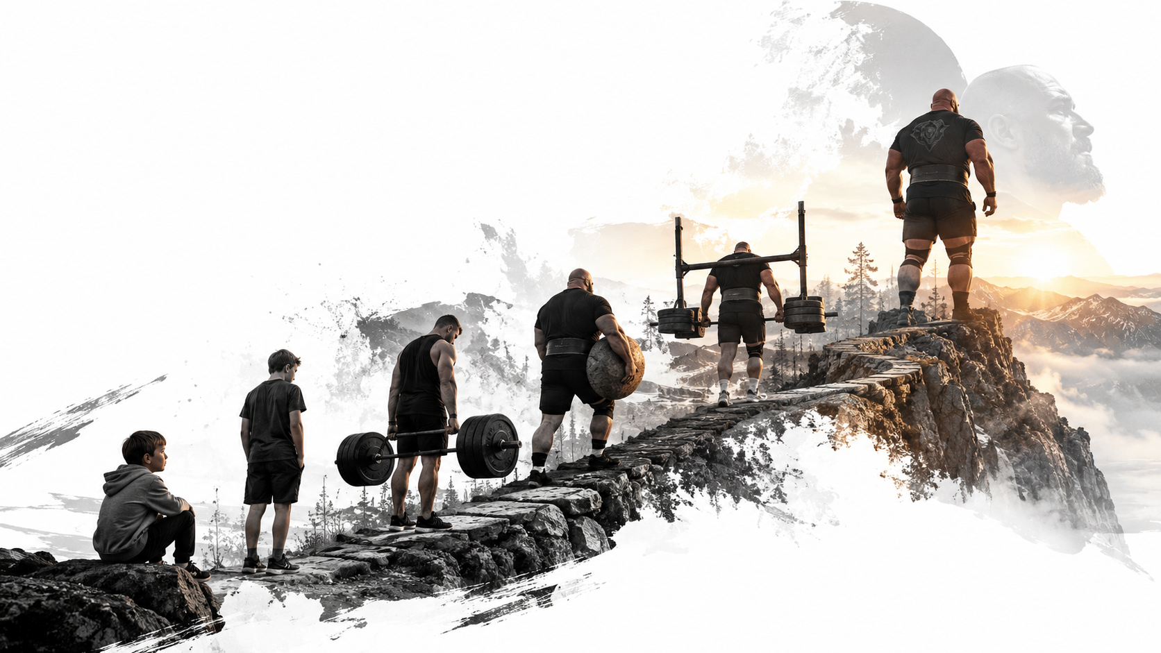 Strength across the lifespan, from youth to strongman athlete, illustrated against a white background.