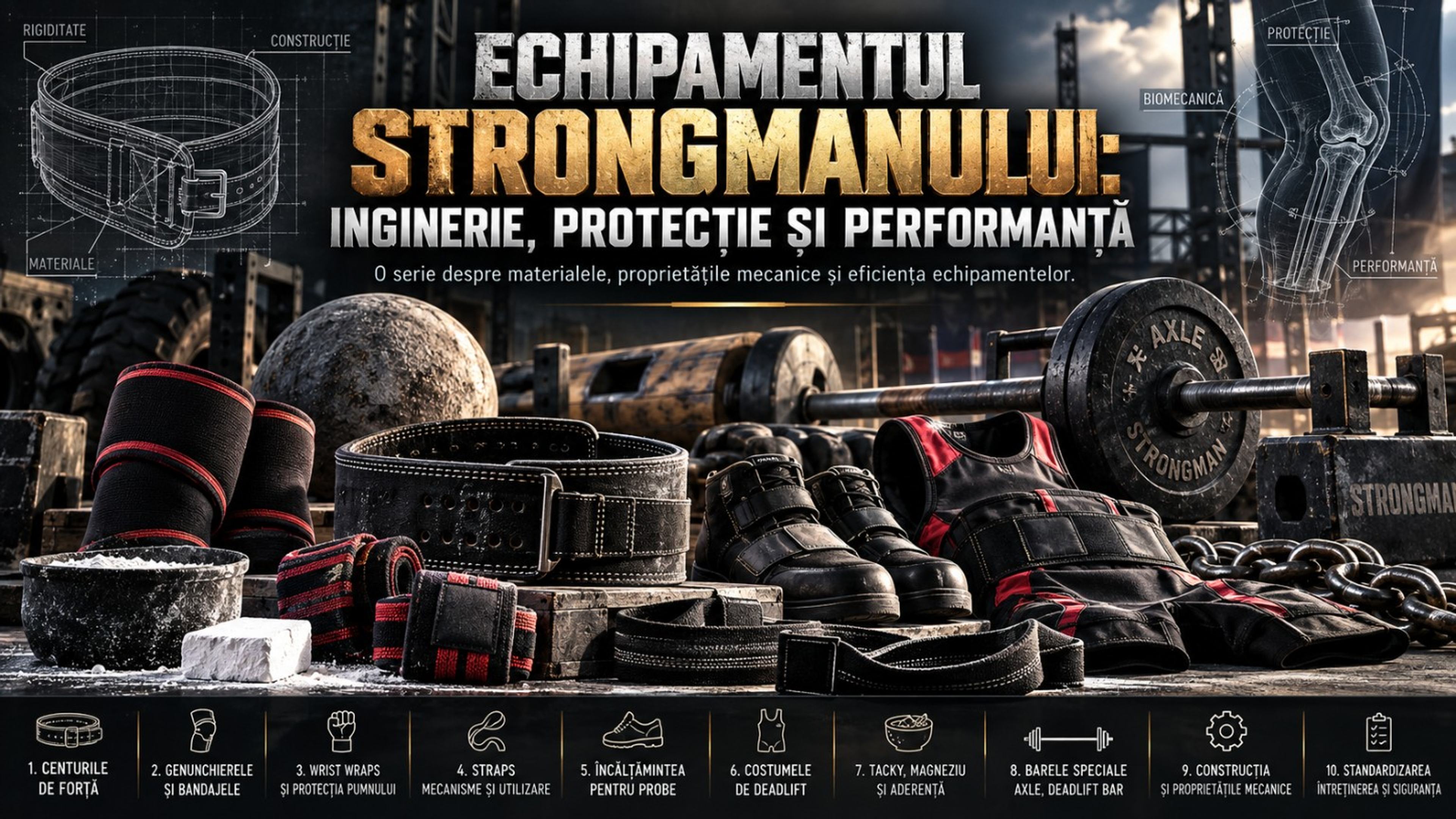 Centuri de forță, genunchiere, straps, încălțăminte și aparate strongman într-o compoziție inginerească industrială