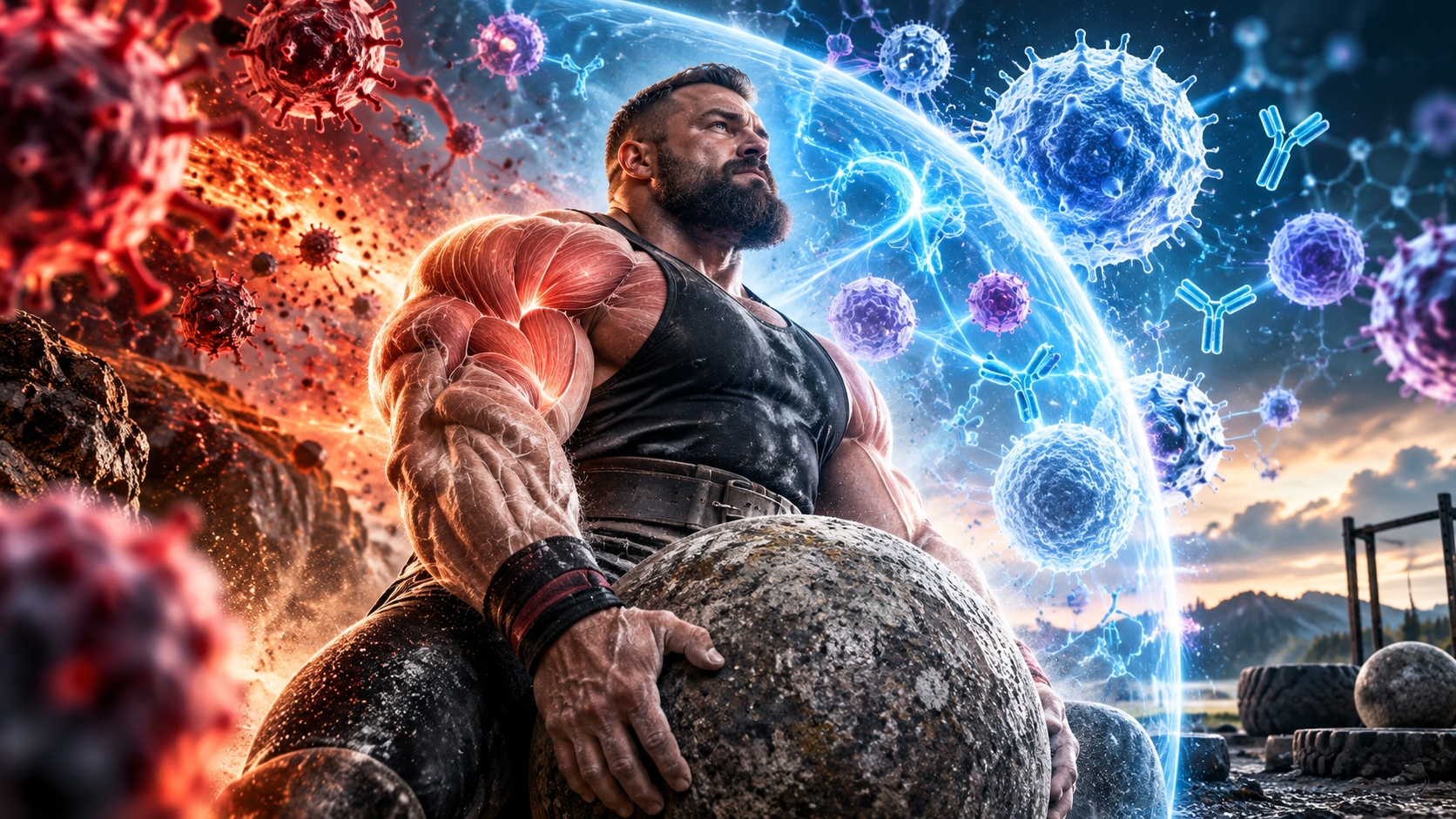 Atlet Strongman cu piatră Atlas înconjurat de simboluri vizuale ale celulelor imunitare și ale inflamației