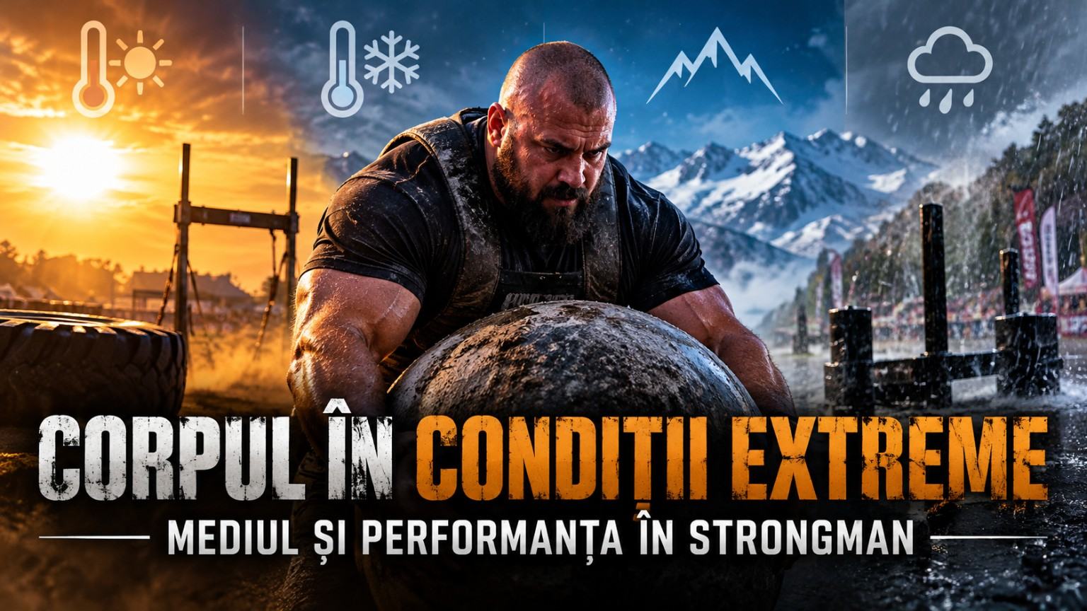 Atlet strongman ridicând o piatră Atlas; compoziție panoramică cu soare, caniculă, munți înzăpeziți și ploaie