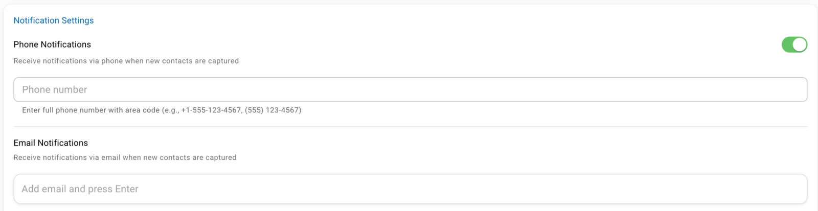Notification settings in the Dashboard
