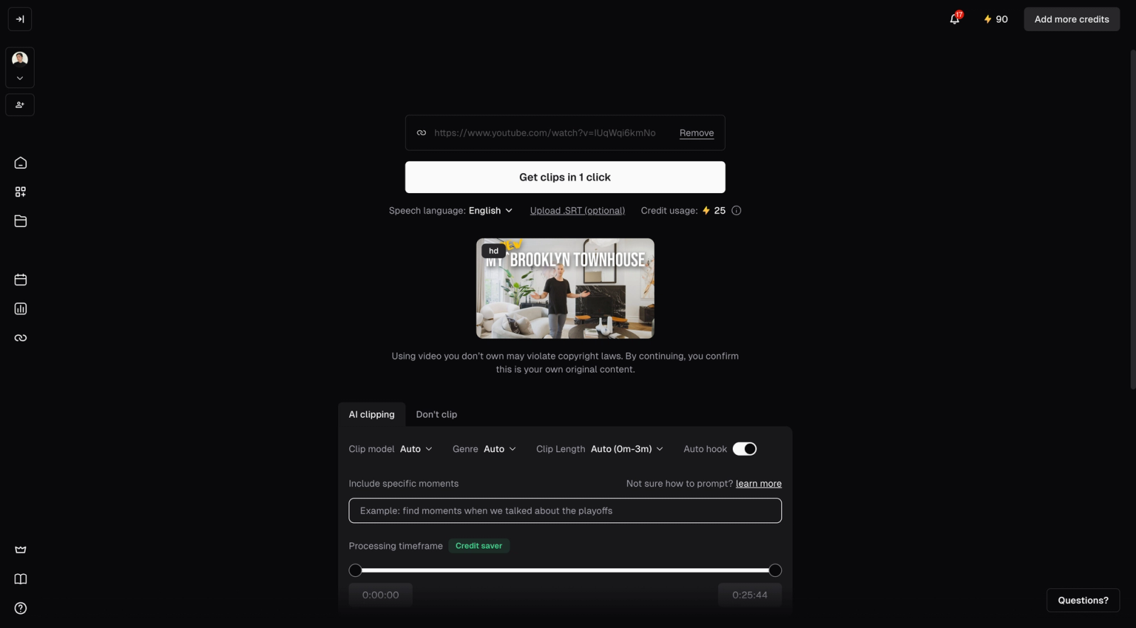 AI clipping controls for a YouTube Video