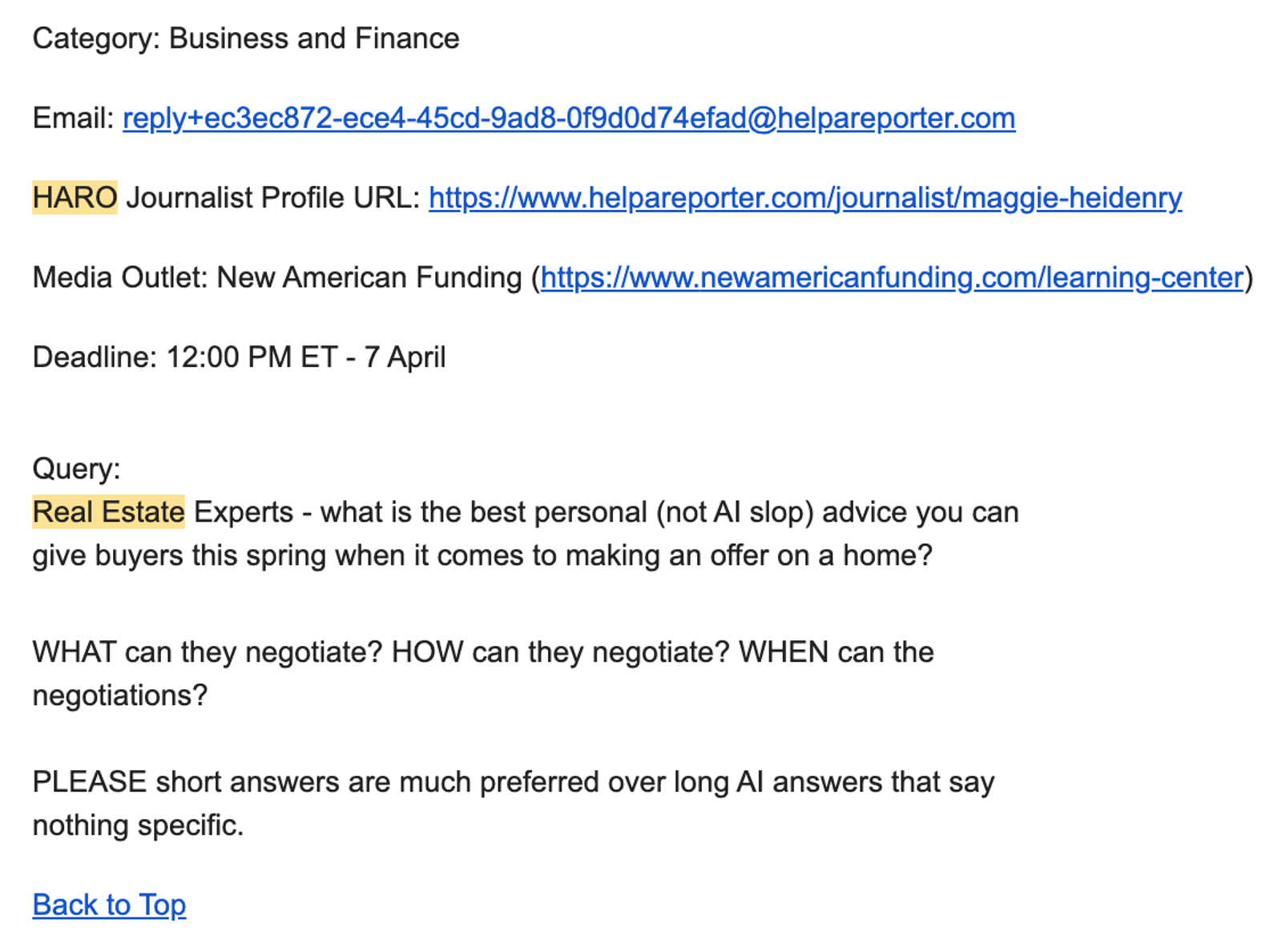 Example of HARO email looking for real estate experts