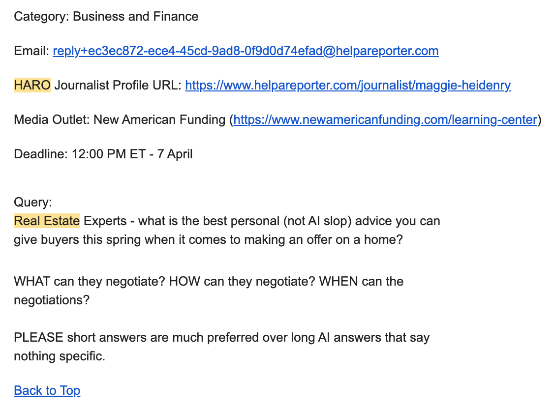 Example of HARO email looking for real estate experts