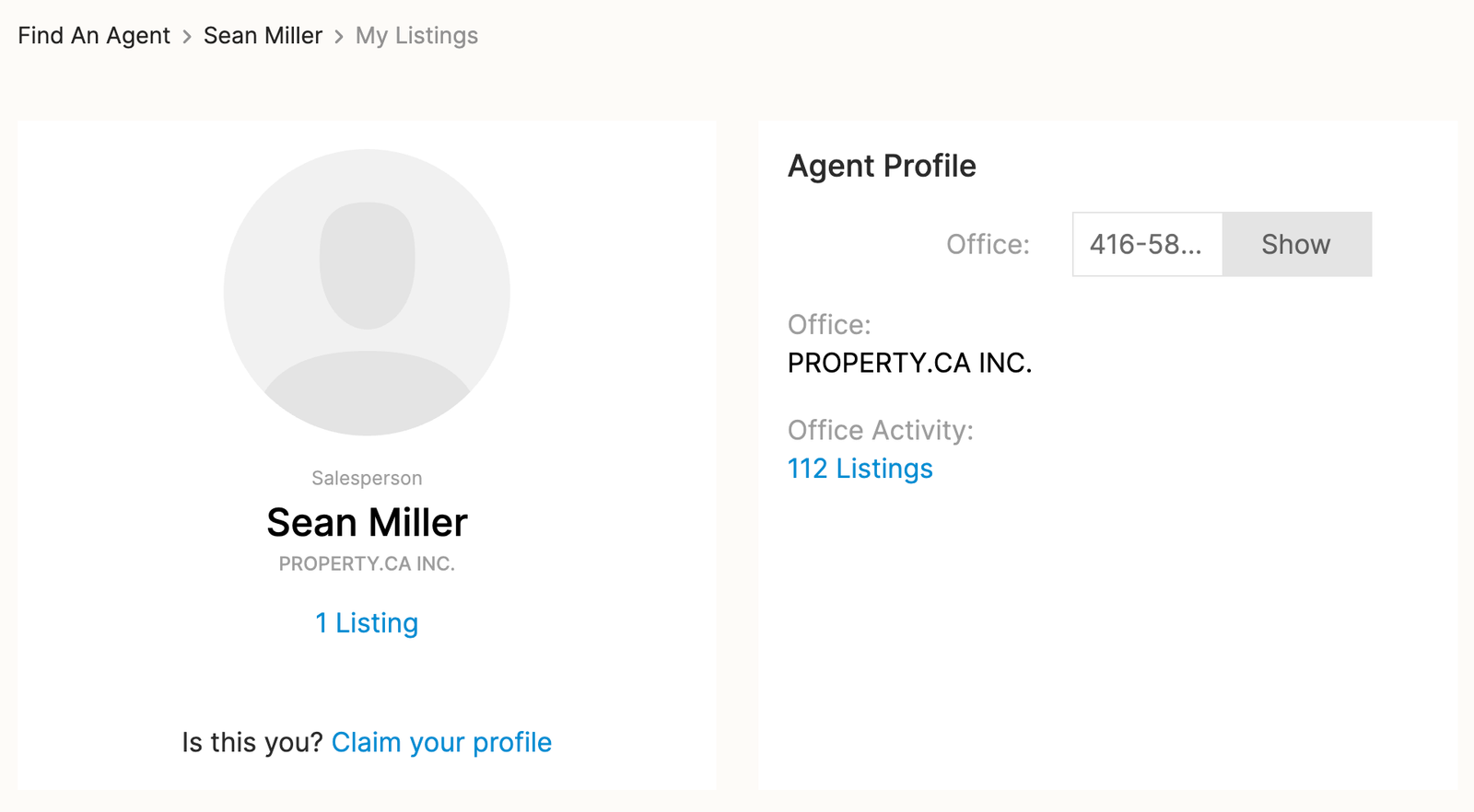 Example of Sean Miller Profile on REW on Dave Elfassy Team