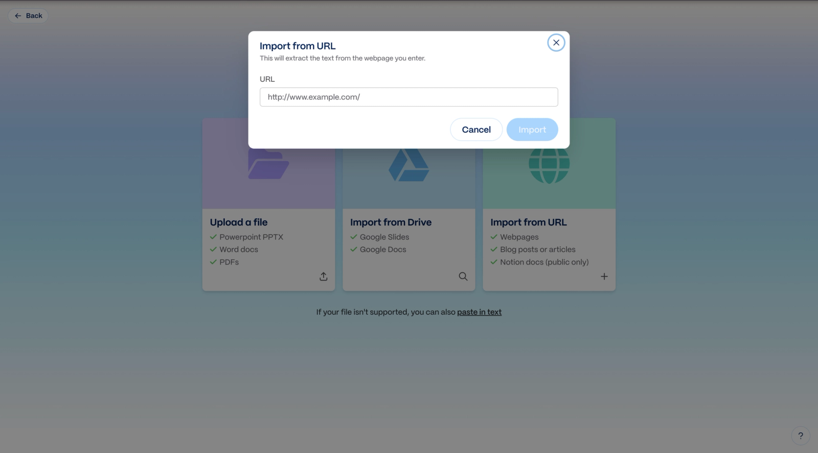 Gamma settings to import content from a URL