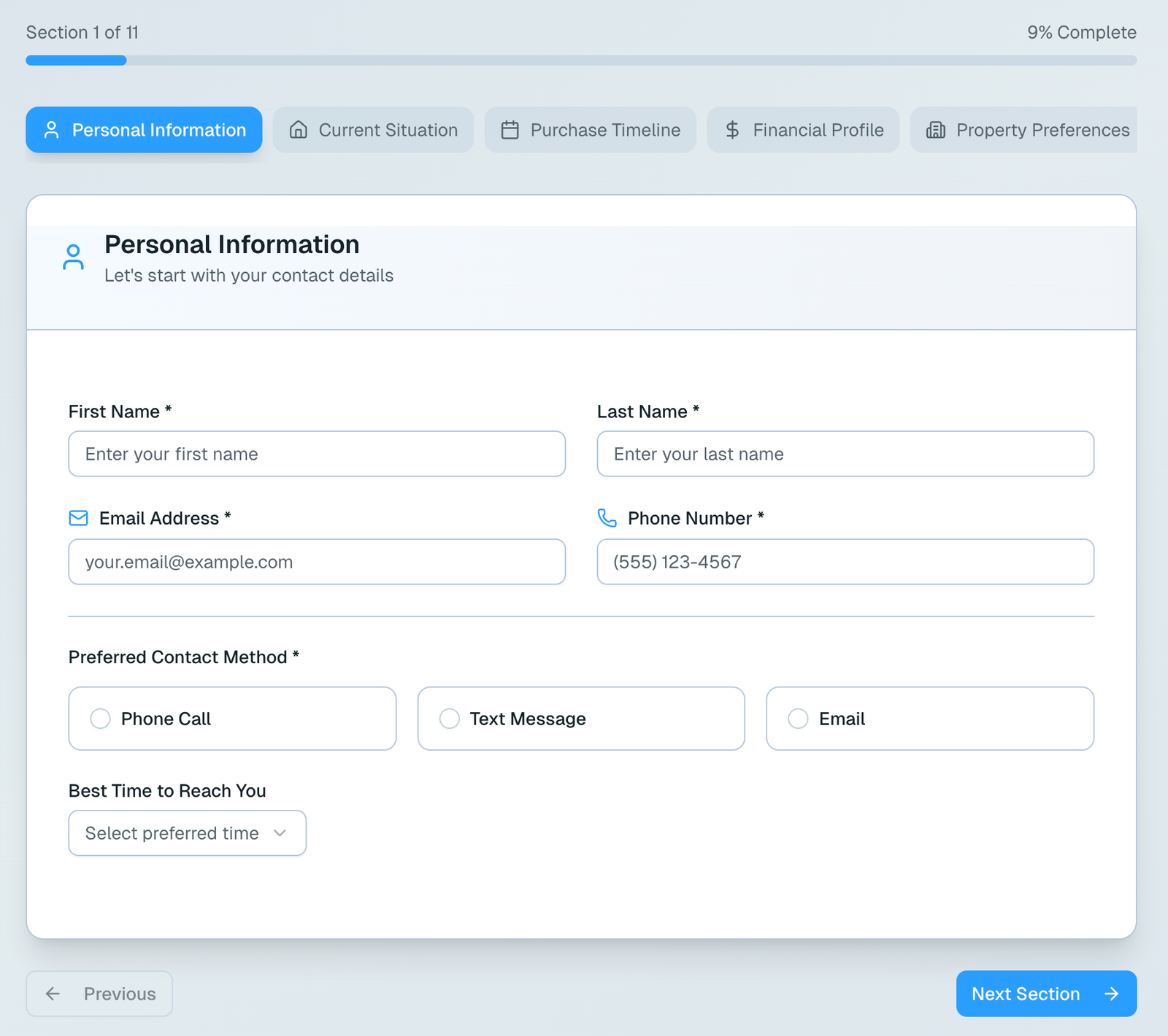 Example of contact form that could gather the same amount of information as a chatbot but requires multiple sections to guage intent
