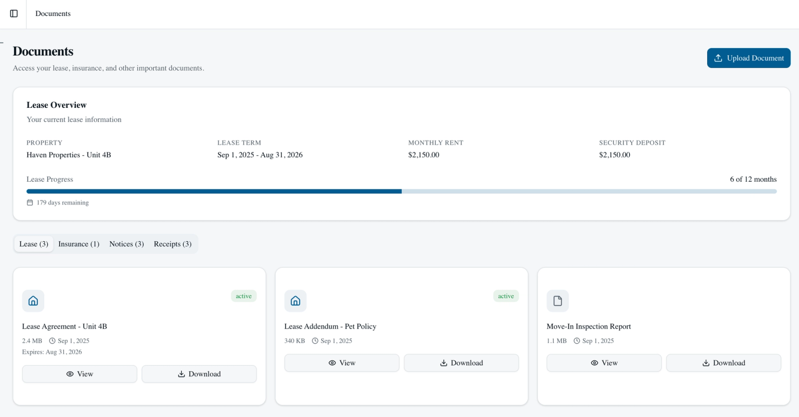 Document tab in a self service portal