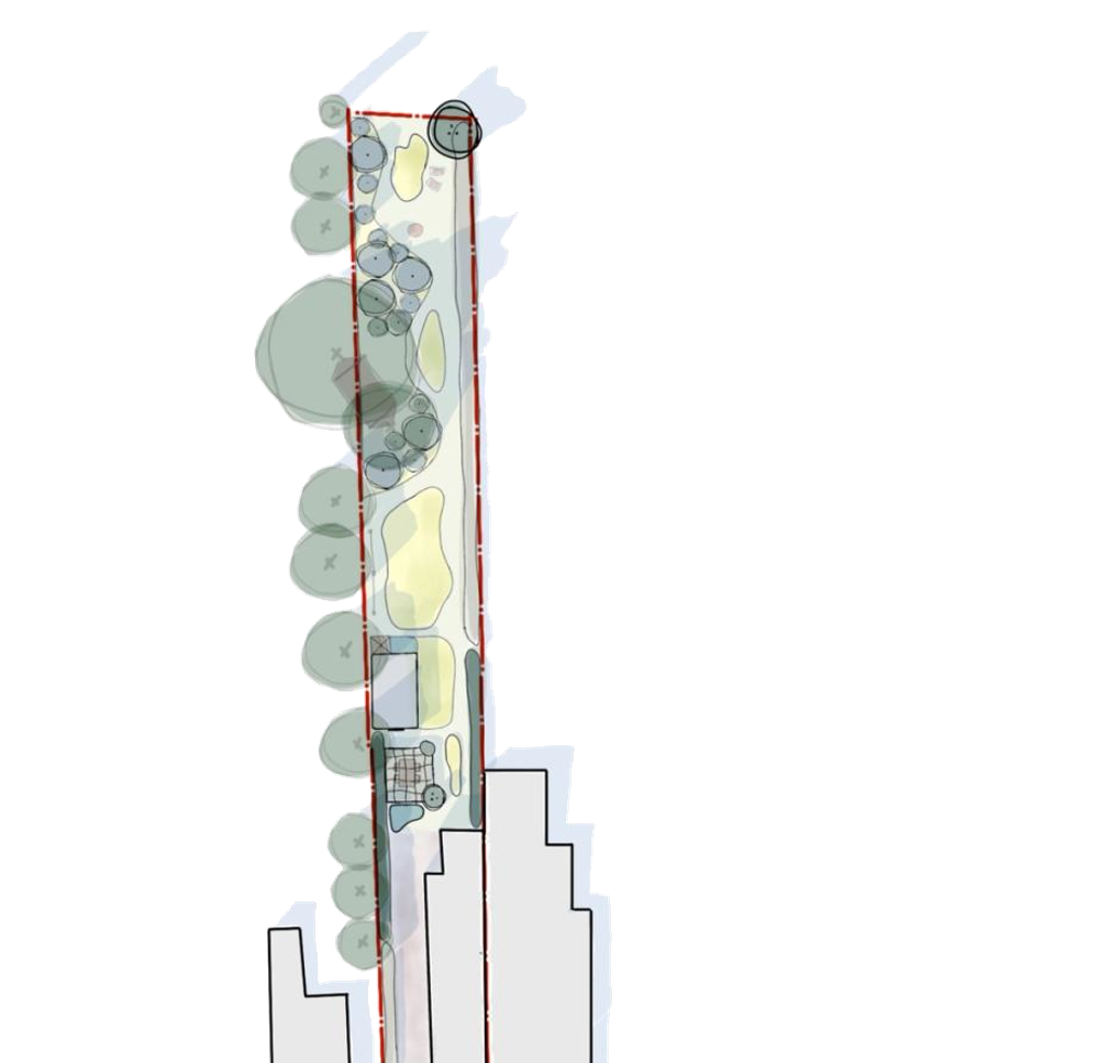 Ontwerpplan van een lange smalle tuin