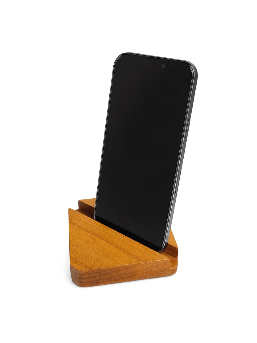 Soporte para celular de madera cachimbo, modelo Rombo, vista superior con grabado personalizado