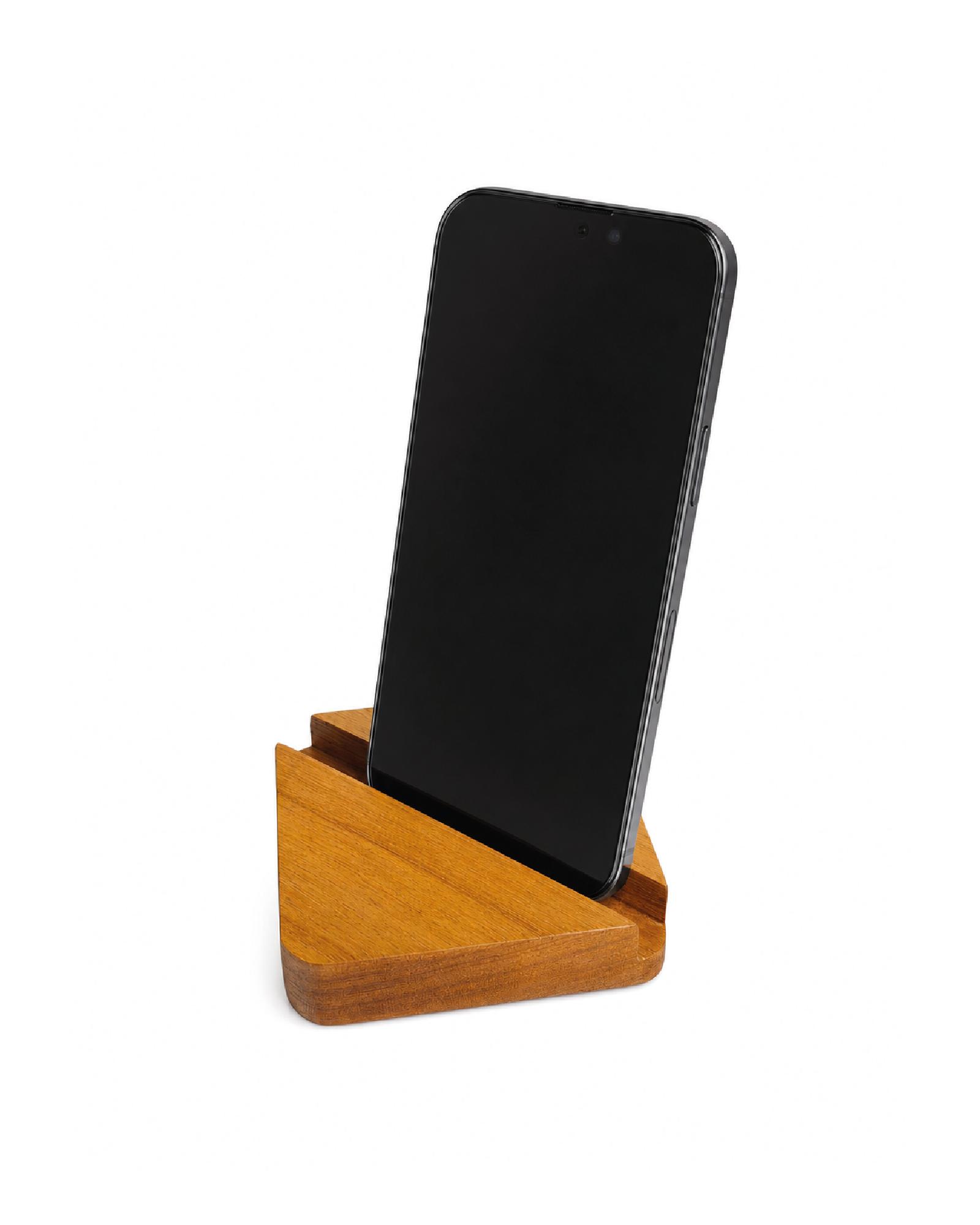 Soporte para celular de madera cachimbo, modelo Rombo, vista superior con grabado personalizado