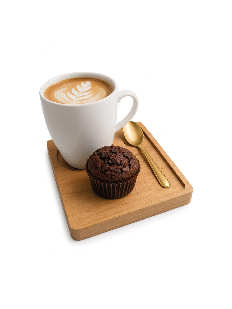 Posataza cuadrangular de madera cachimbo con espacio para taza, postre y cuchara