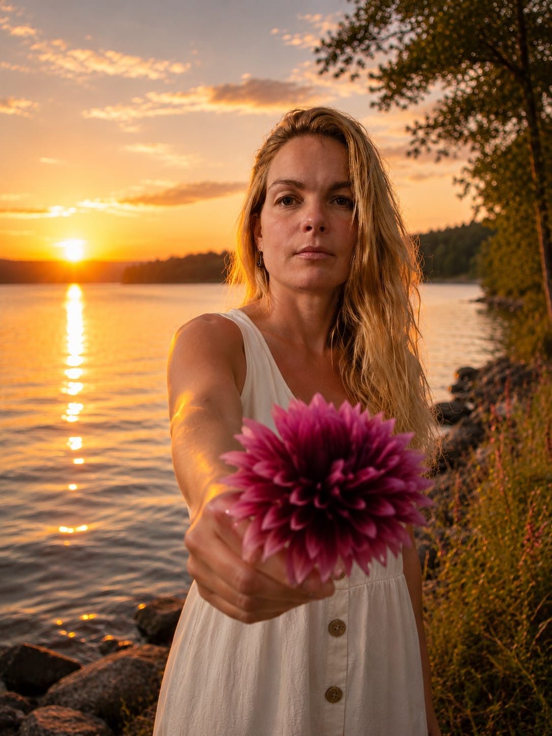 Sophie vid en stilla sjö i solnedgången, med en blomma i handen