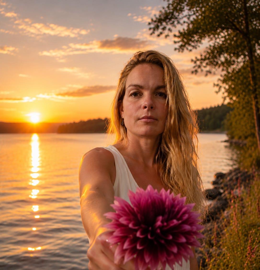 Sophie vid en stilla sjö i solnedgången, med en blomma i handen