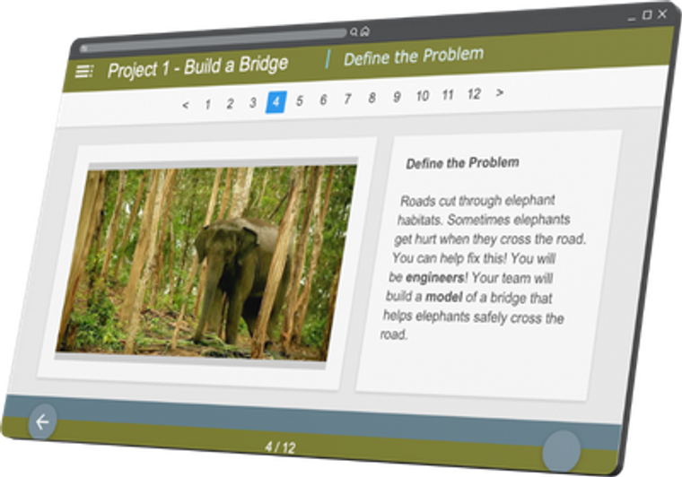 La plateforme numérique sur une tablette, présentant le projet n° 1, « Construire un pont »