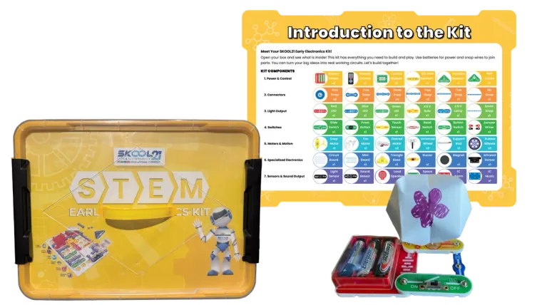 Learning kit: the Early Electronics kit, its introduction page and a built circuit