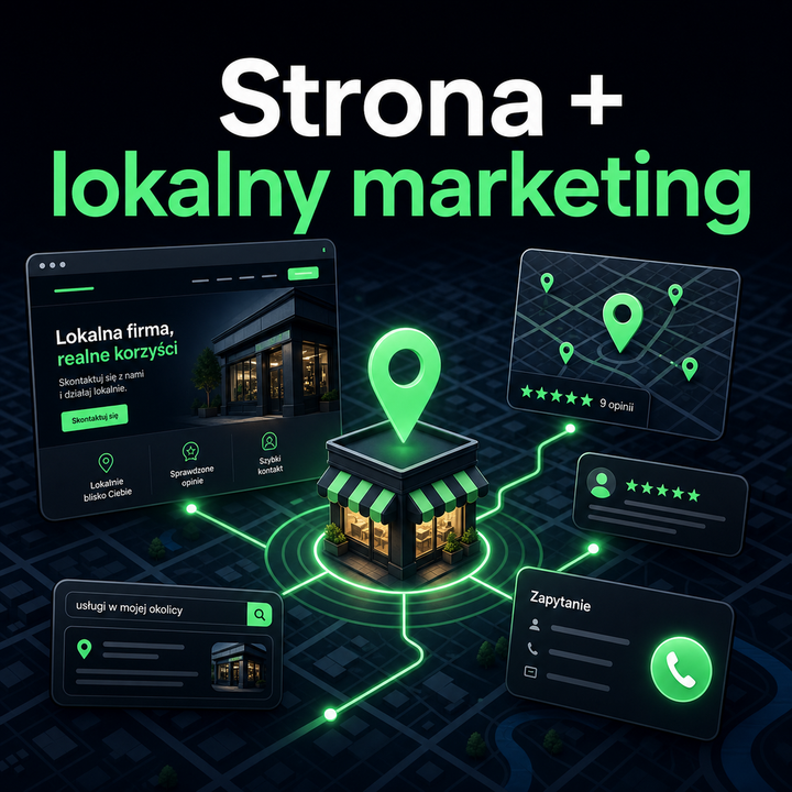 Ciemna grafika blogowa łącząca stronę internetową z mapą, opiniami i lokalnymi zapytaniami