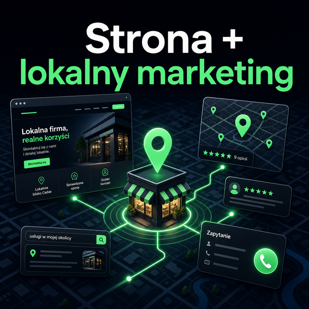 Ciemna grafika blogowa łącząca stronę internetową z mapą, opiniami i lokalnymi zapytaniami