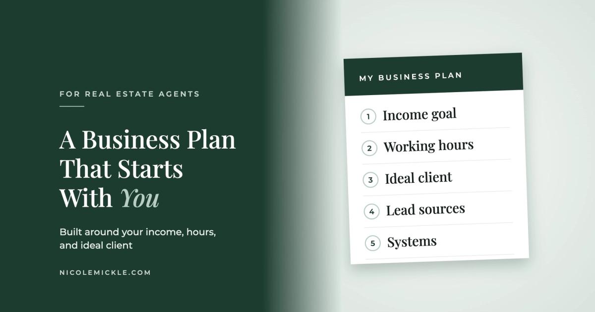 A Business Plan That Starts With You, for real estate agents, beside a planner card listing income goal, working hours, ideal client, lead sources, and systems