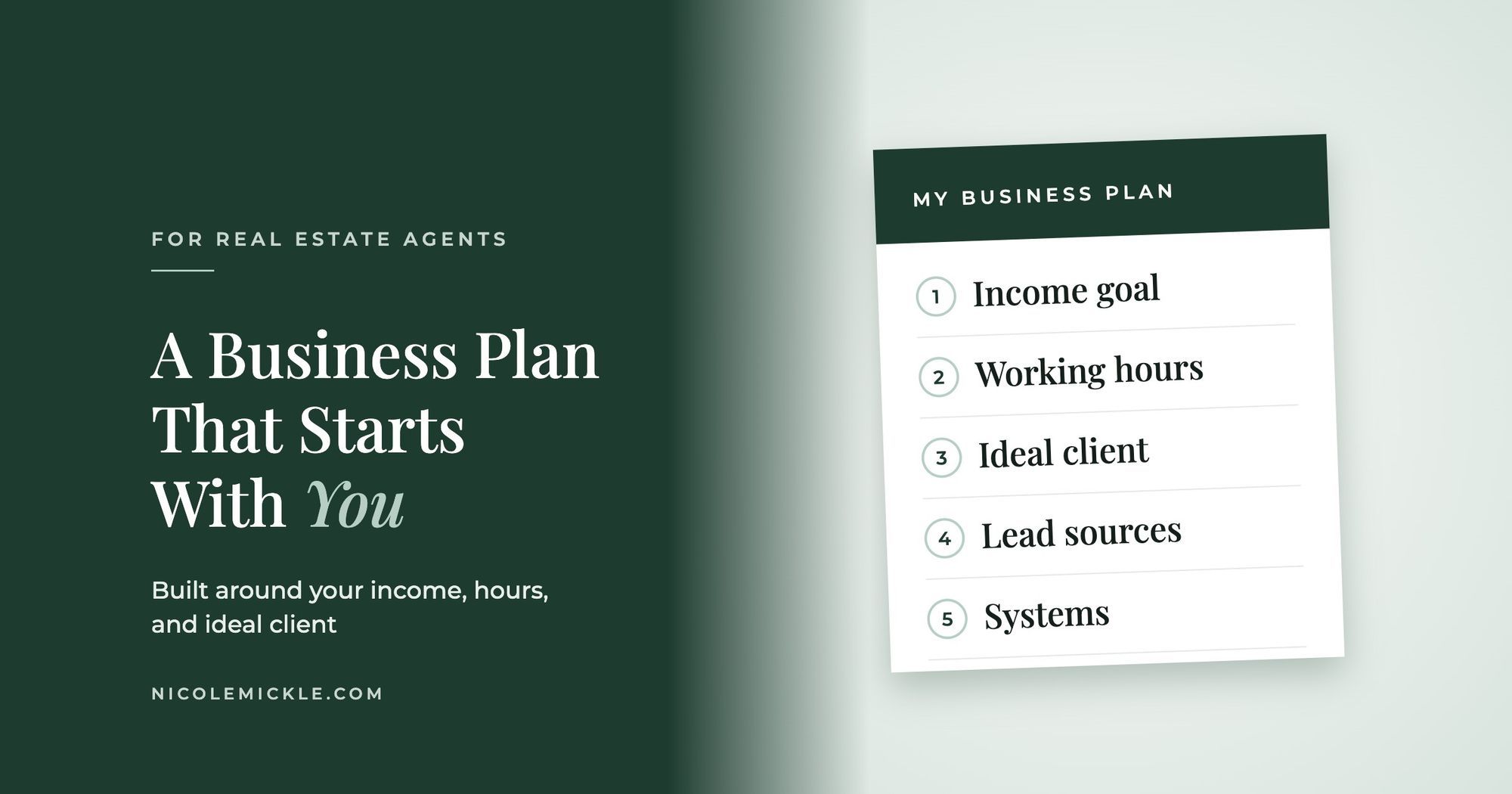 A Business Plan That Starts With You, for real estate agents, beside a planner card listing income goal, working hours, ideal client, lead sources, and systems
