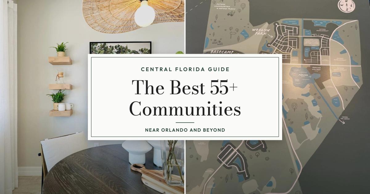 A model home dining area beside a site map of the Sunbridge community showing Del Webb, Weslyn Park, and Basecamp, with the title The Best 55+ Communities
