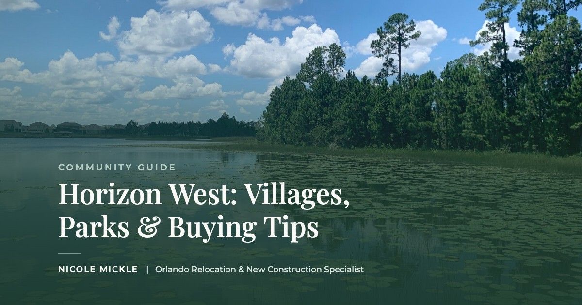 Lake with lily pads and pine trees in Horizon West, Florida, with the title Horizon West: Villages, Parks & Buying Tips