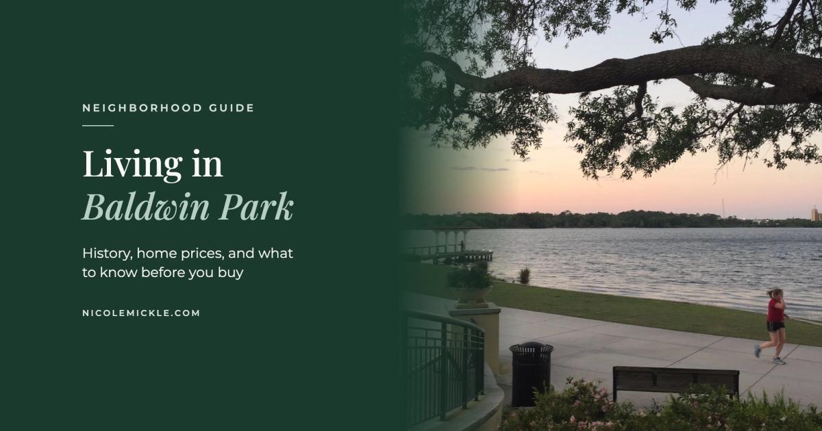 Lake Baldwin at sunset from the lakeside trail under an oak branch, beside the title Living in Baldwin Park: History, home prices, and what to know before you buy
