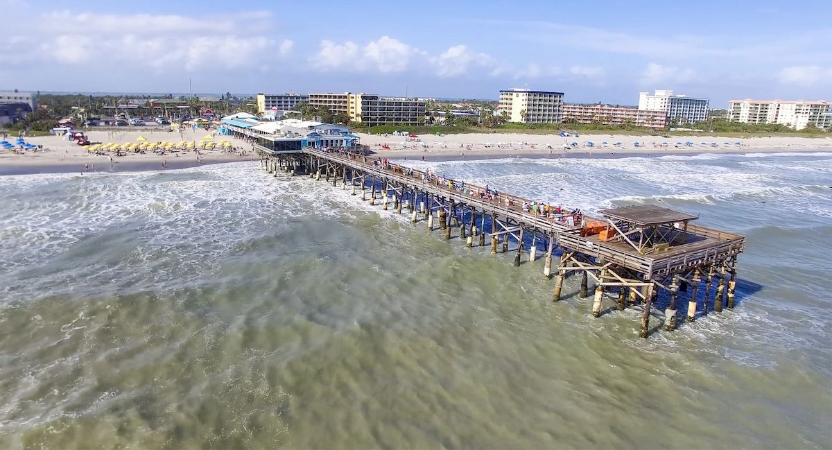Daytime Cocoa Beach Pier aerial view, Cape Canaveral, Florida