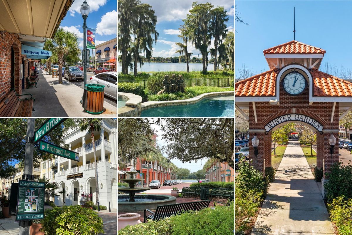 Collage of five Central Florida small-town scenes: a palm-lined storefront, a moss-draped lakeside park, Winter Garden's brick clock tower archway, Baldwin Park's Village Center signage, and a fountain-lined street with Mediterranean-style buildings.