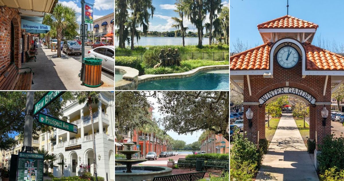 Collage of five Central Florida small-town scenes: a palm-lined storefront, a moss-draped lakeside park, Winter Garden's brick clock tower archway, Baldwin Park's Village Center signage, and a fountain-lined street with Mediterranean-style buildings.
