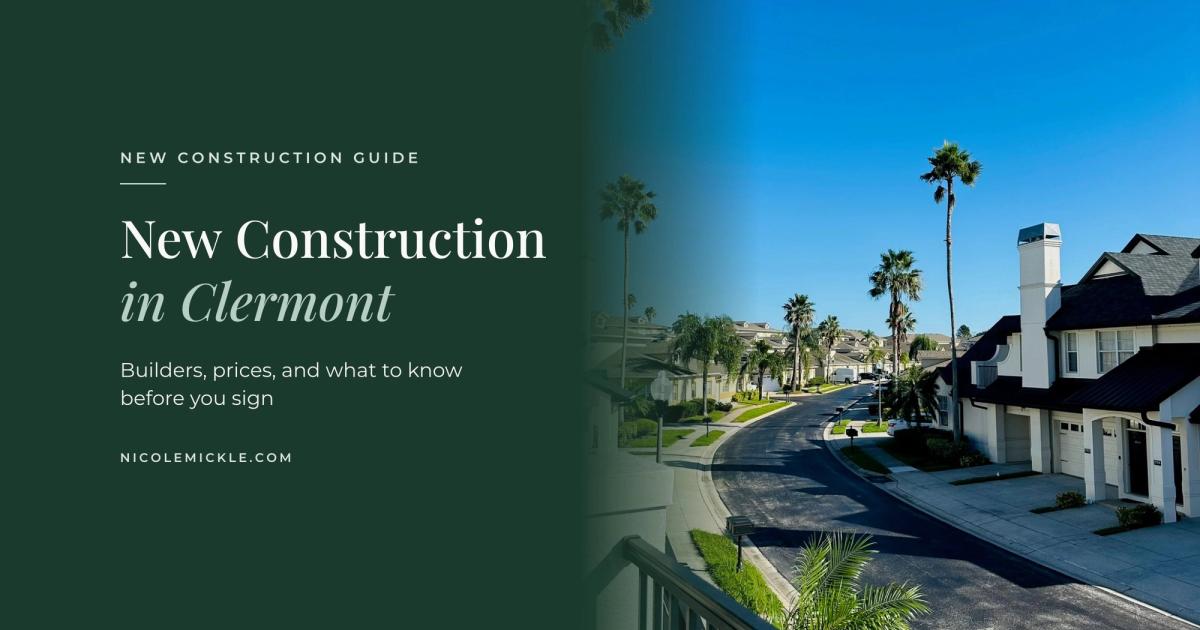 Palm-lined street of townhomes in Clermont, Florida, beside the title New Construction in Clermont: Builders, prices, and what to know before you sign