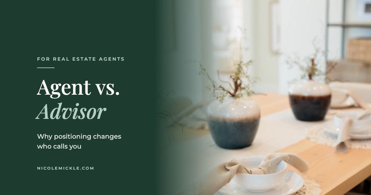 Dining table set with ceramic vases and linen place settings, beside the title Agent vs. Advisor: Why positioning changes who calls you
