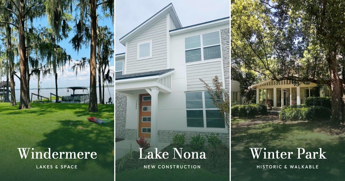 Three side-by-side photos: a Windermere lakefront lawn with moss-draped cypress trees and a pontoon boat, a new-construction home in Lake Nona, and a historic porch home under oak trees in Winter Park
