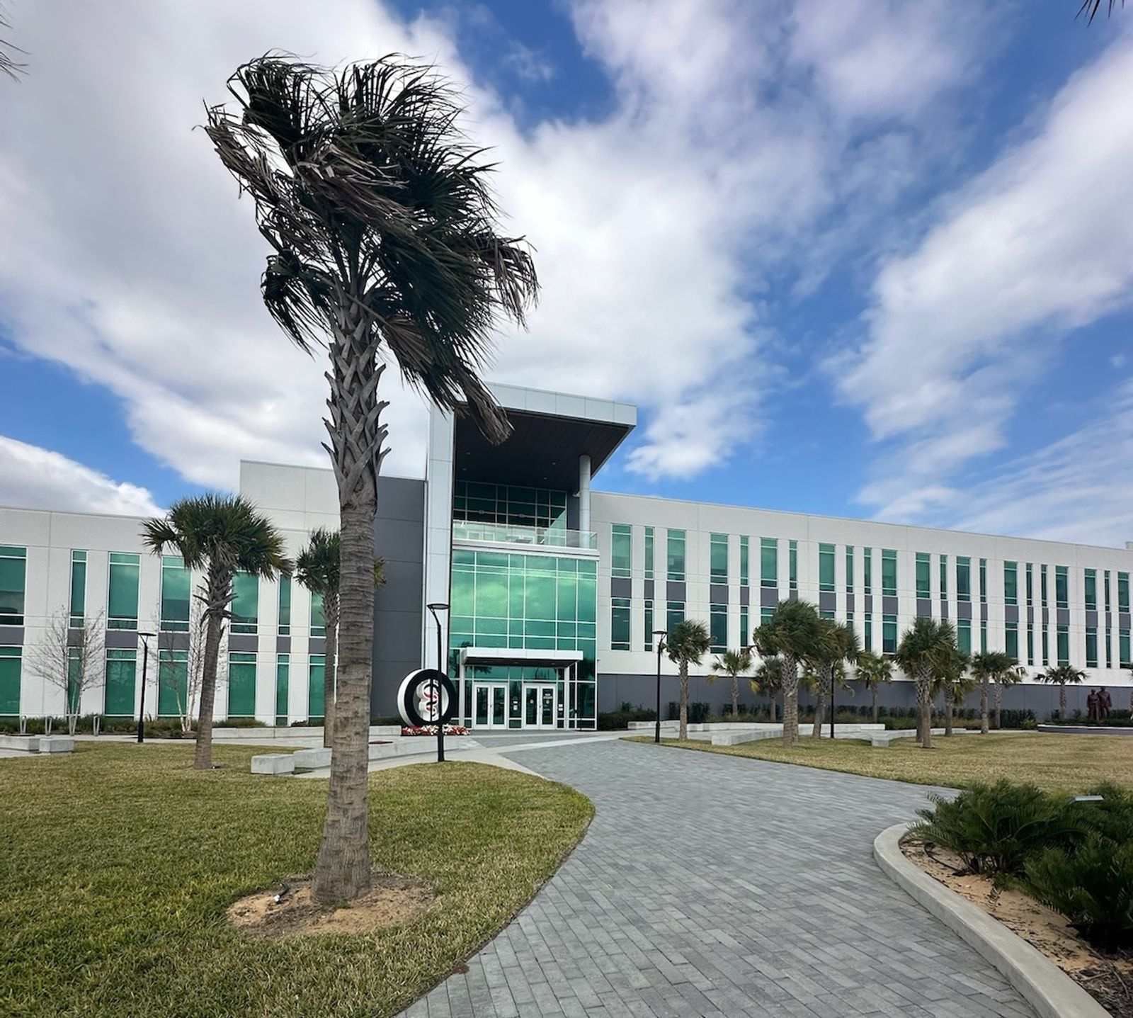 Modern healthcare building with palm trees