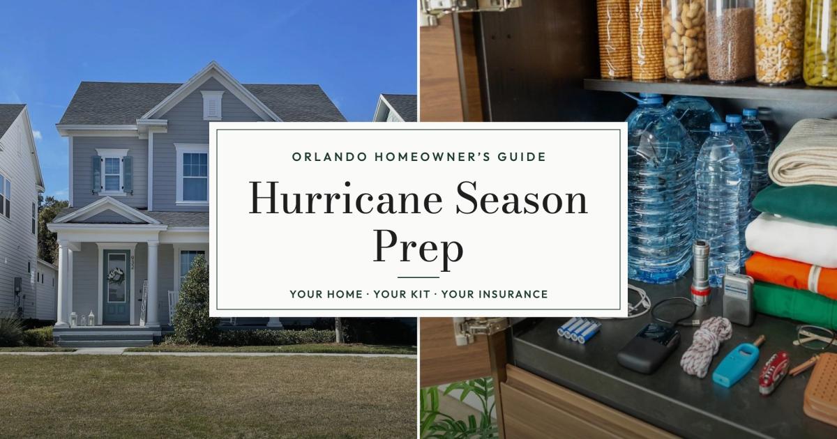 A two-story Florida home with a front porch beside a pantry stocked with bottled water, food, a flashlight, and a radio, with the title Hurricane Season Prep