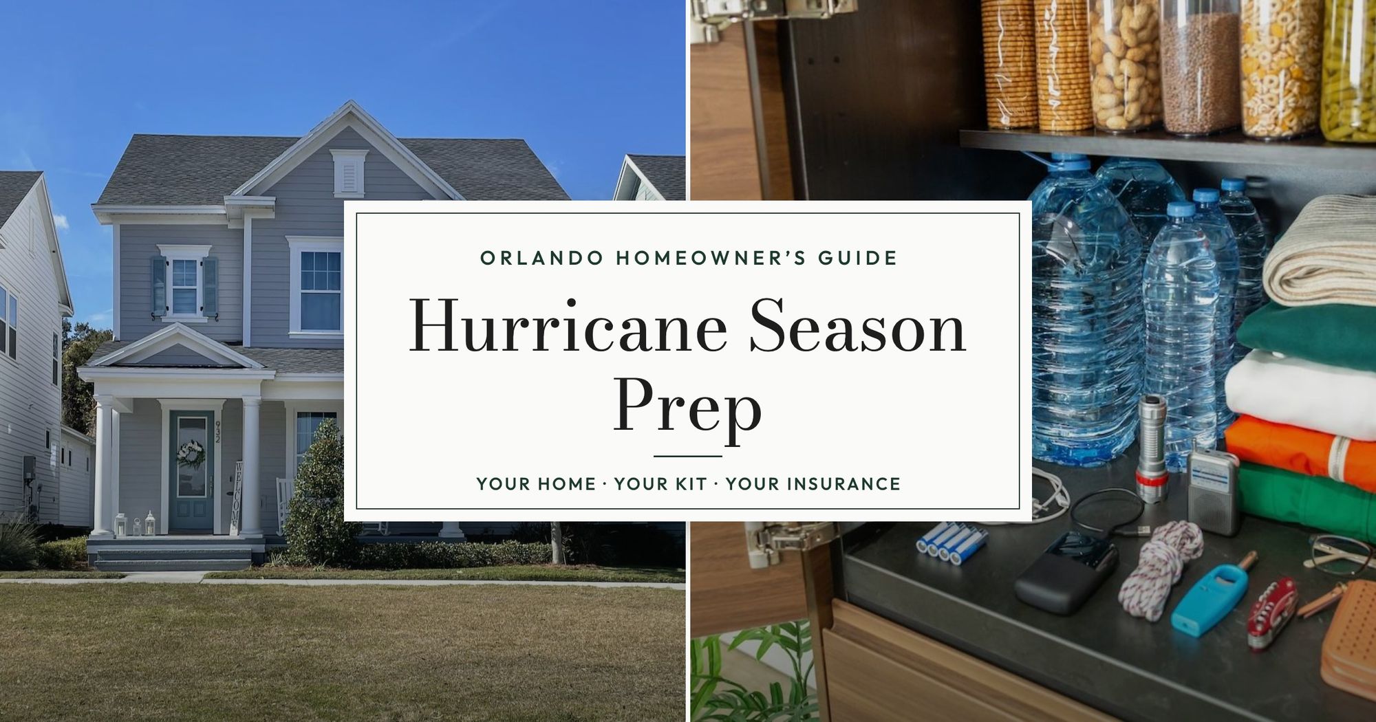 A two-story Florida home with a front porch beside a pantry stocked with bottled water, food, a flashlight, and a radio, with the title Hurricane Season Prep
