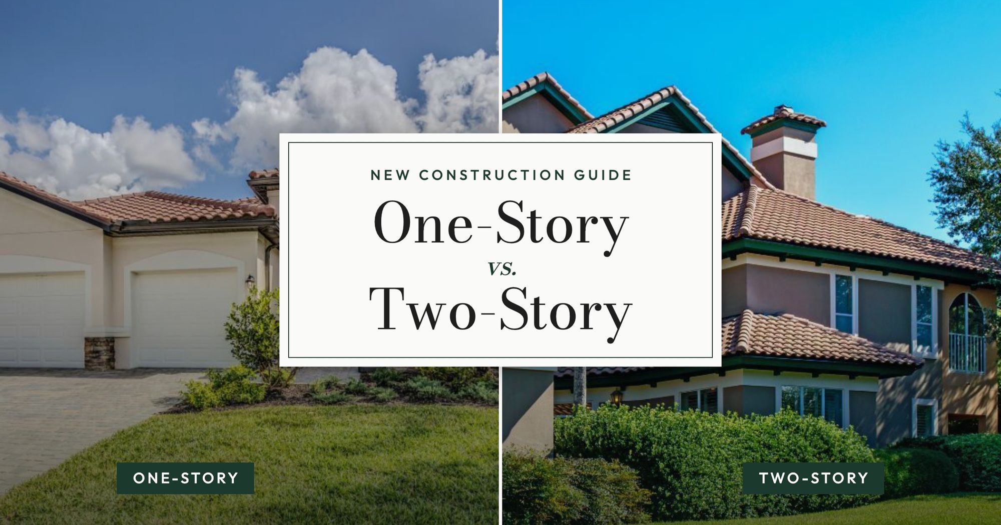 A one-story stucco home with a tile roof beside a two-story Mediterranean-style home, with the title One-Story vs. Two-Story