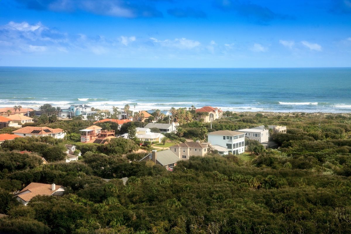 Aerial view of the coastline of New Smyrna Beach and Ponce de Leon Inlet in Central Florida