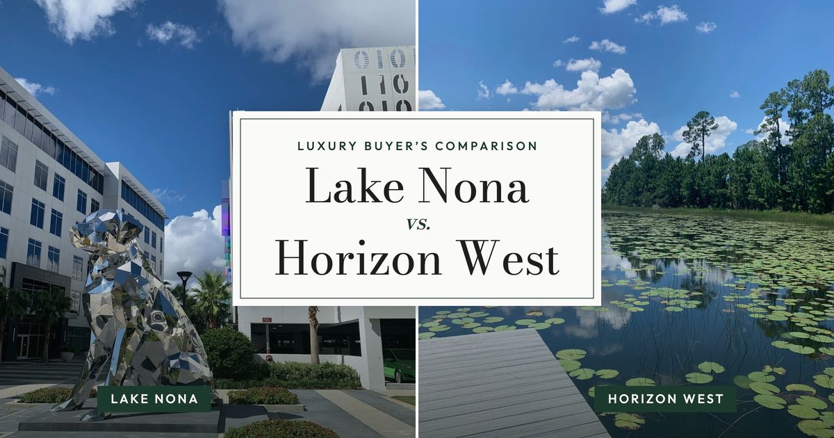 Side-by-side photos comparing Lake Nona and Horizon West, Florida: the mirrored dog sculpture at Lake Nona Town Center and a lily-pad lake with a boardwalk in Horizon West, with the title Lake Nona vs. Horizon West