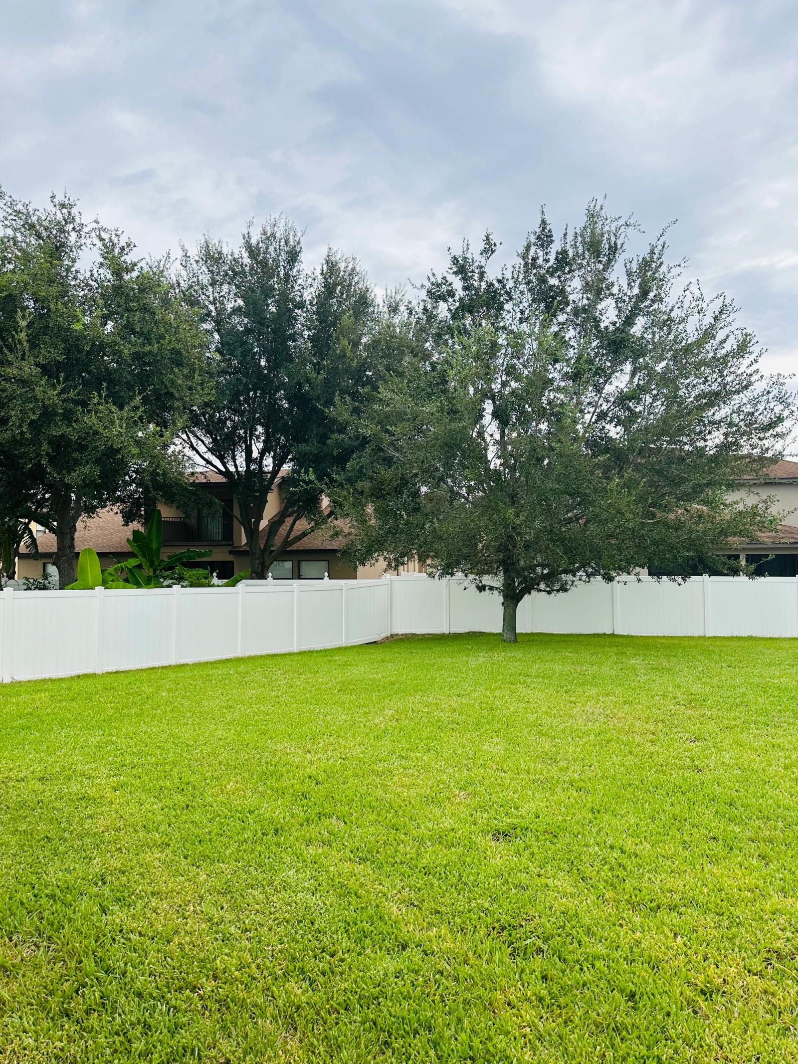 Large fenced-in backyard with mature oak trees and green lawn in a Minneola, Florida new construction community