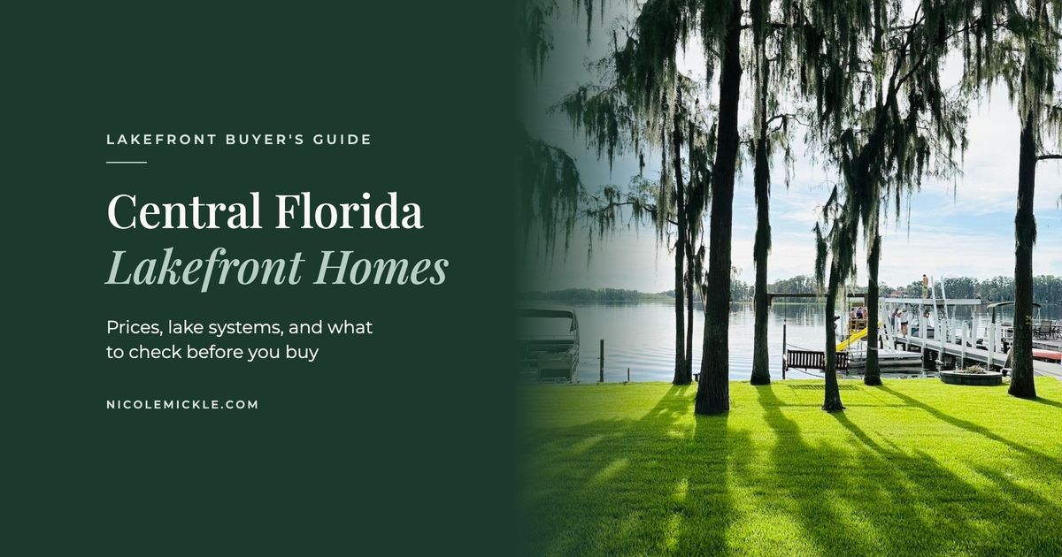 Lakefront lawn shaded by moss-draped cypress trees with docks on a Central Florida lake, beside the title Central Florida Lakefront Homes: Prices, lake systems, and what to check before you buy