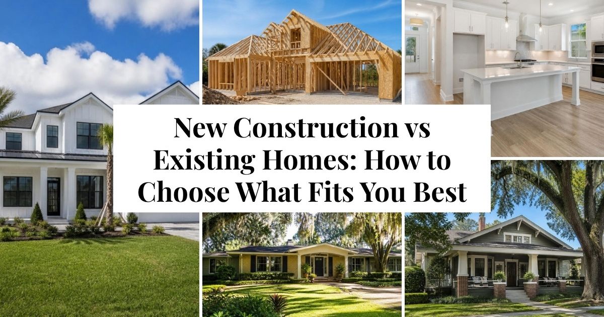 Collage of a new construction farmhouse home, a house under construction, a new kitchen, an established ranch home under oak trees, and a historic bungalow, with the title New Construction vs Existing Homes: How to Choose What Fits You Best