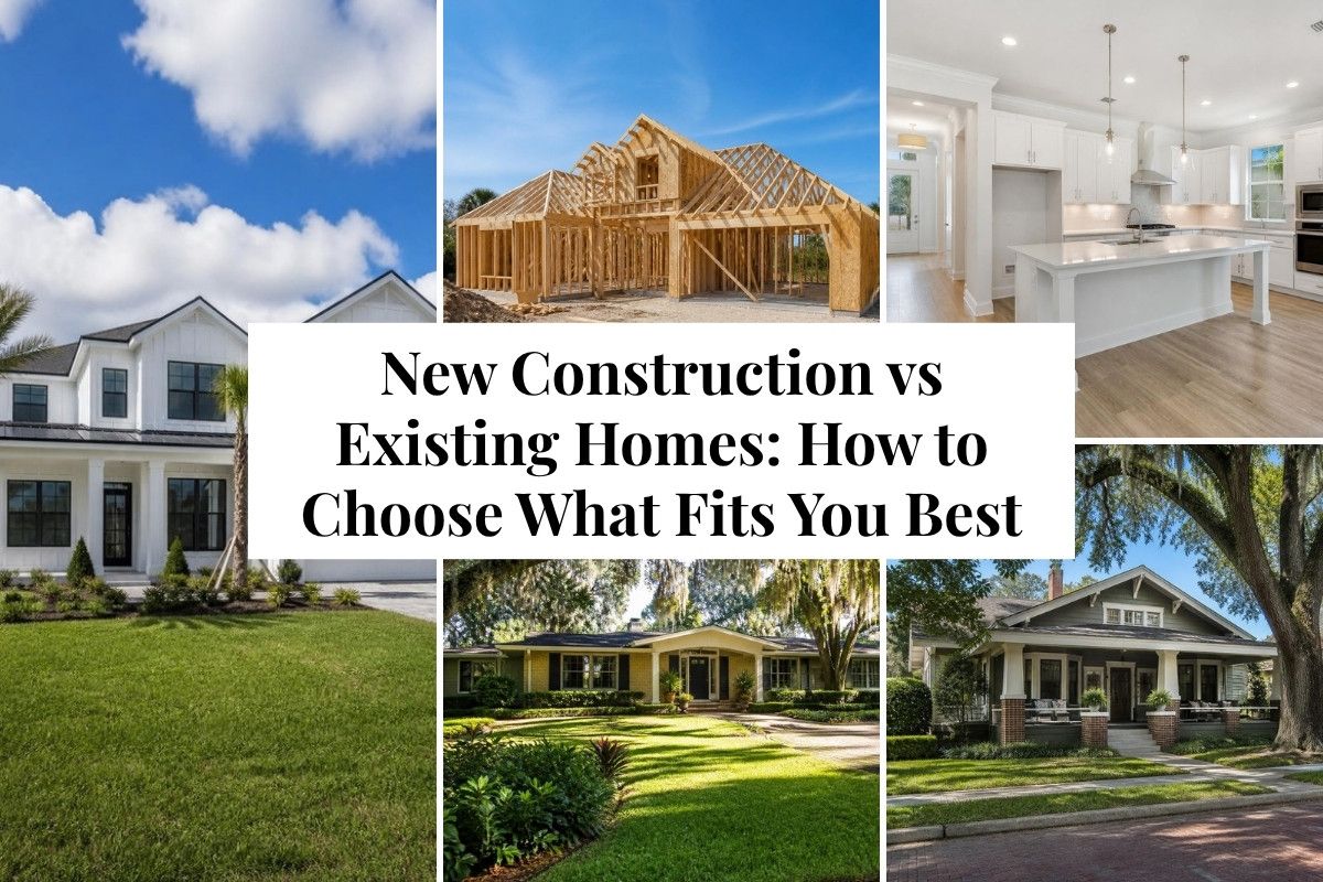 Collage of a new construction farmhouse home, a house under construction, a new kitchen, an established ranch home under oak trees, and a historic bungalow, with the title New Construction vs Existing Homes: How to Choose What Fits You Best