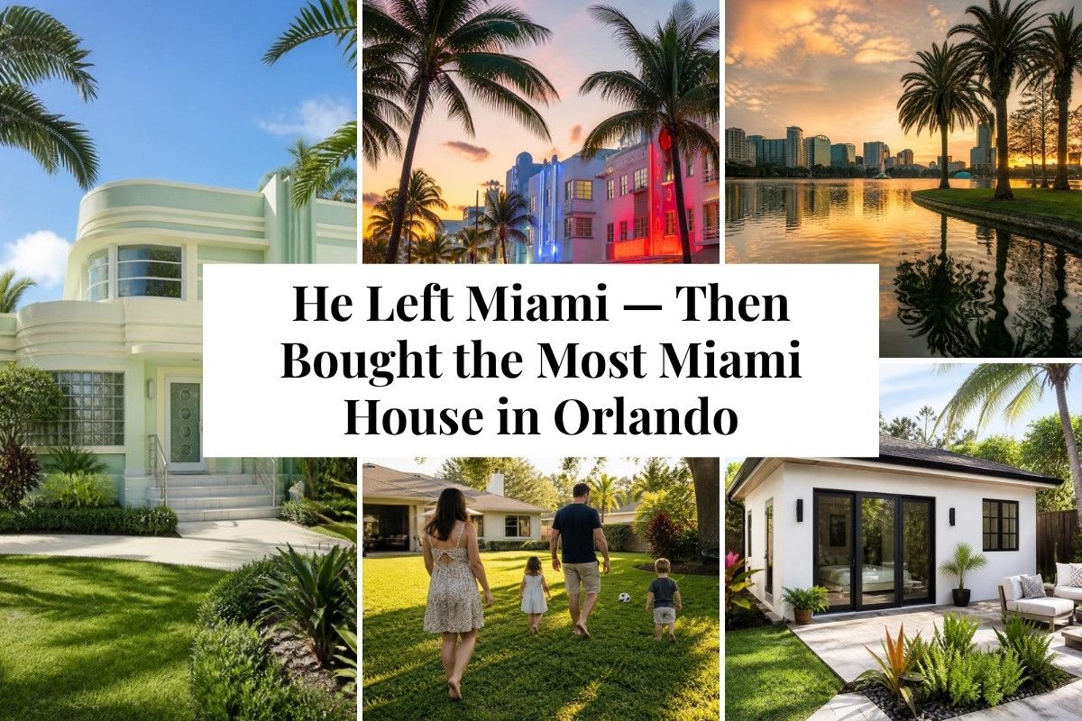 Collage of an Art Deco style home in a Central Florida suburb, pastel Art Deco buildings in Miami, an Orlando lake at sunset, a family in a backyard, and a backyard ADU cottage, with the title He Left Miami — Then Bought the Most Miami House in Orlando