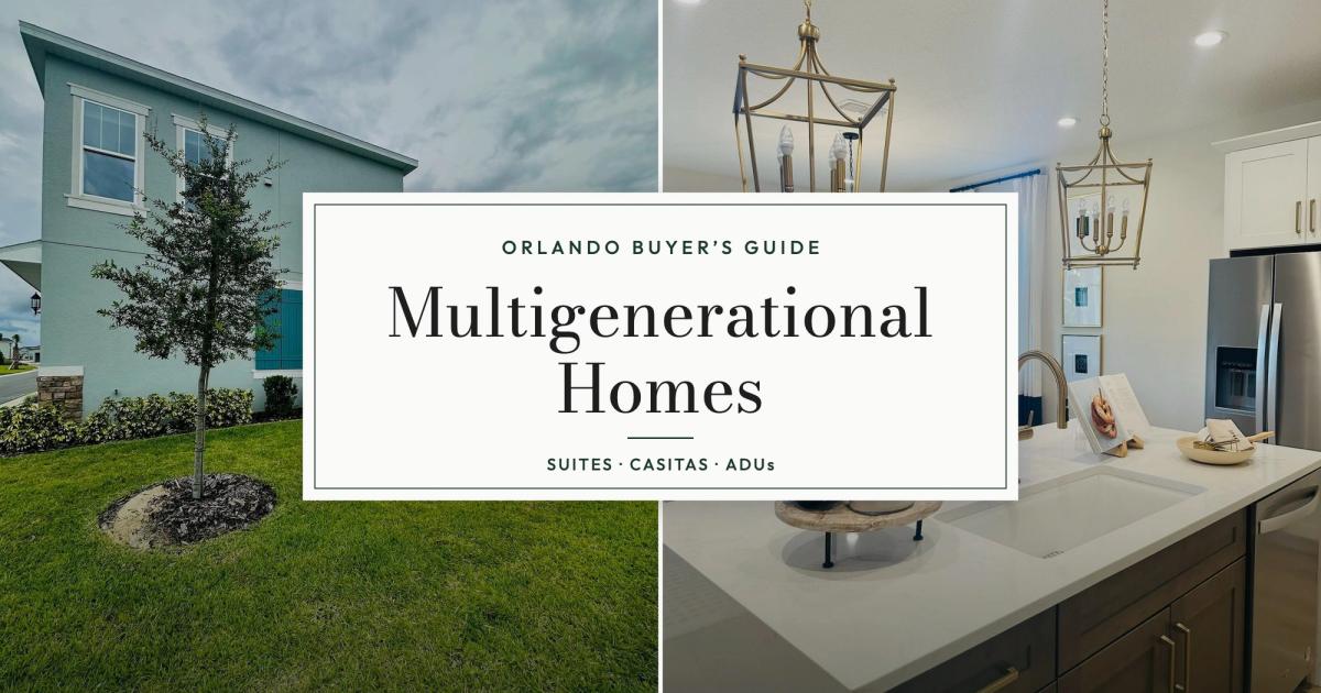 Exterior of a two-story new construction home beside a kitchen with a quartz island and brass pendants, with the title Multigenerational Homes: Suites, Casitas, ADUs