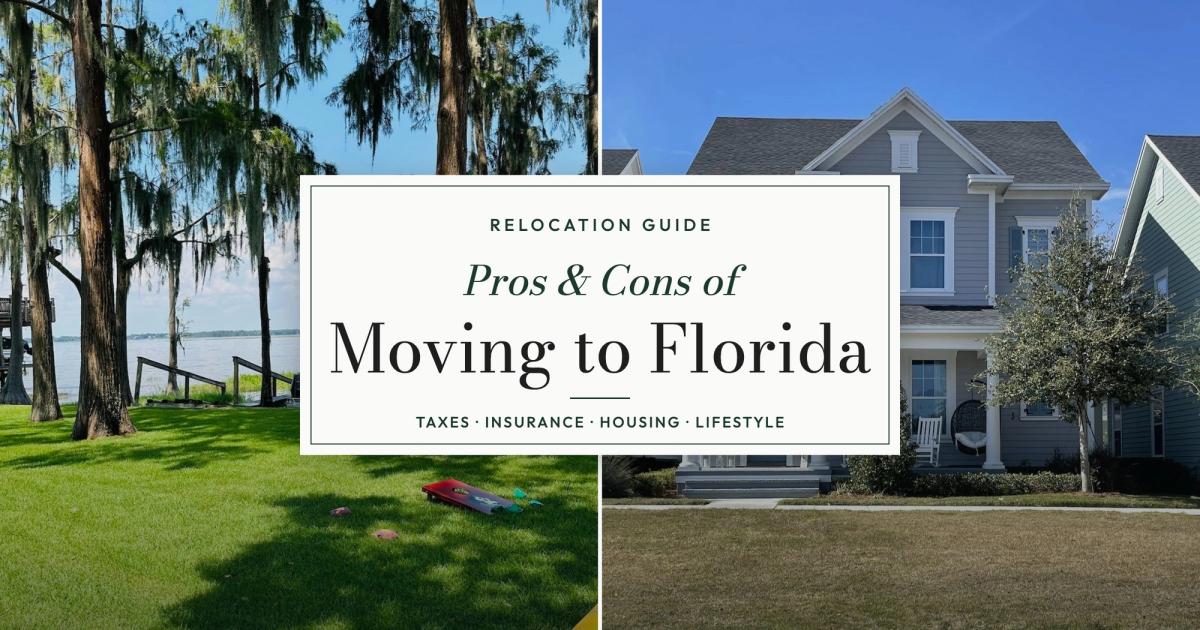 A lakefront lawn with moss-draped cypress trees beside a new two-story Florida home with a front porch, with the title Pros and Cons of Moving to Florida