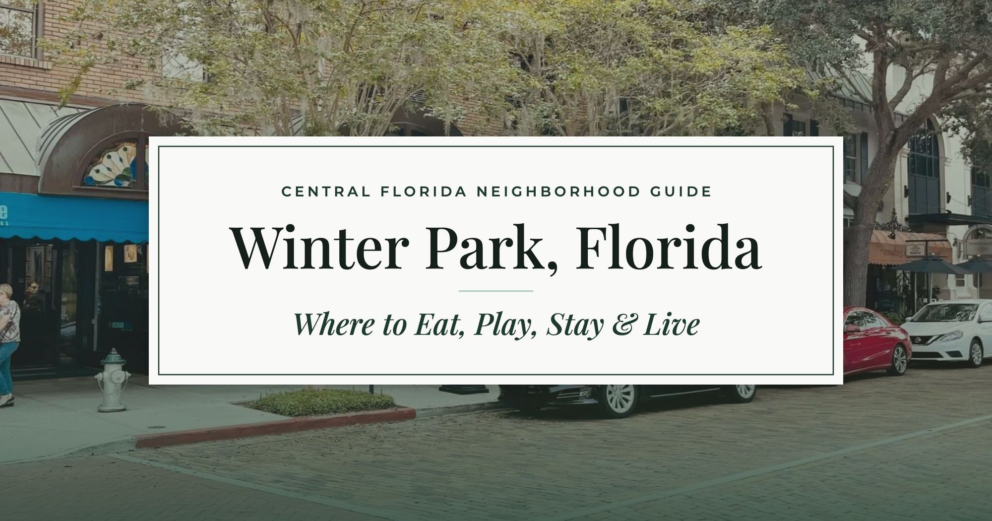 Winter Park, Florida: Where to Eat, Play, Stay & Live, a Central Florida neighborhood guide over a photo of shops and brick streets on Park Avenue