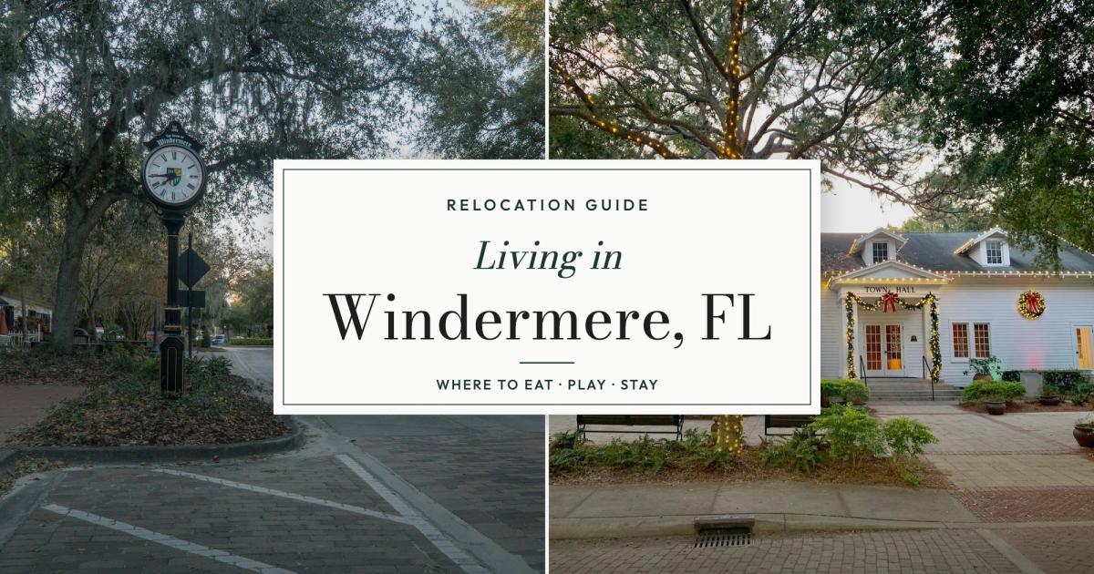 The street clock in downtown Windermere beside the historic Windermere Town Hall decorated with holiday lights, with the title Living in Windermere, FL